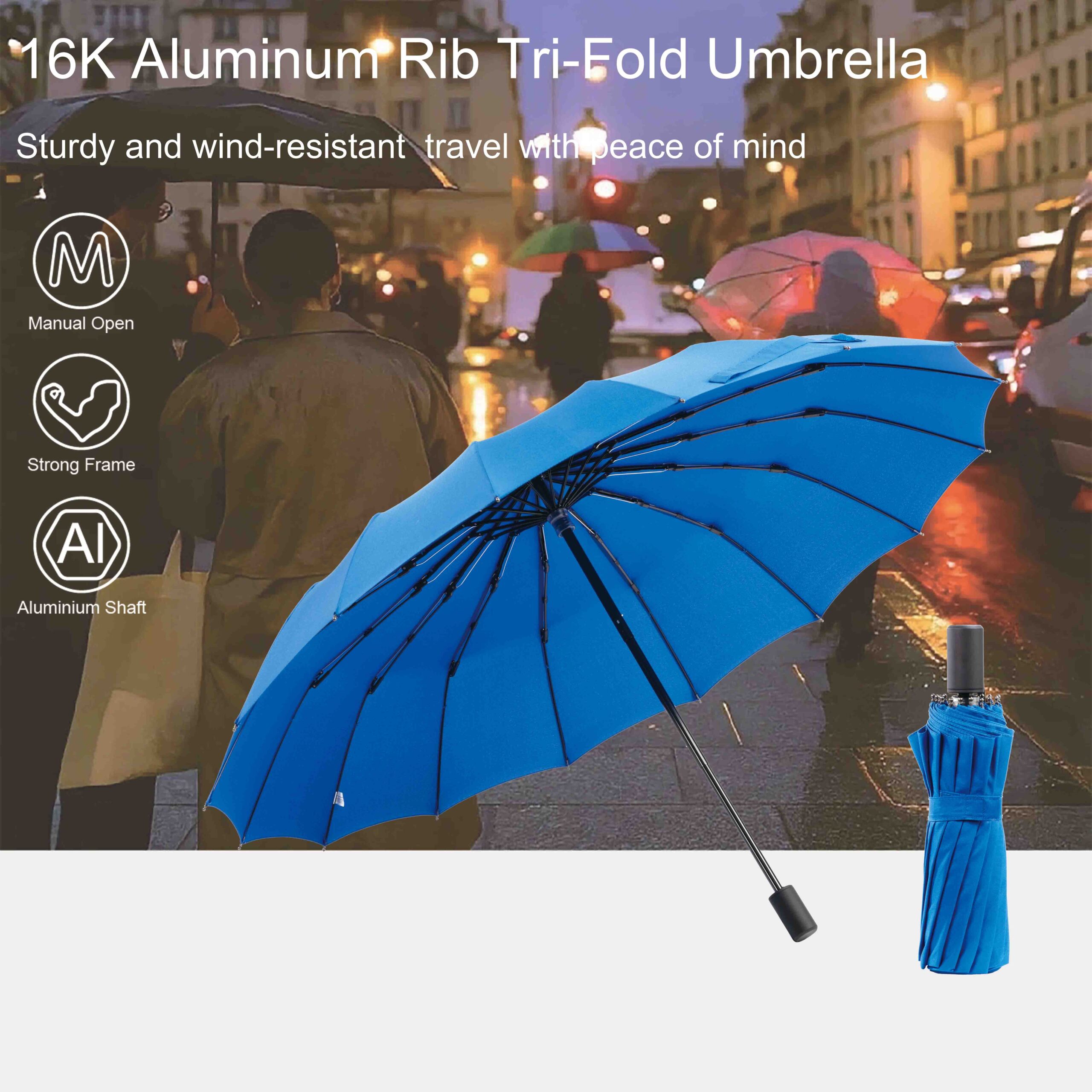 TU2028 16K Rib Manual 3 Folding Umbrella Aluminum